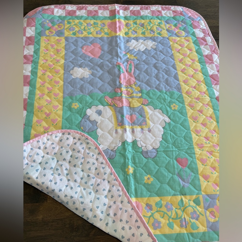 NEW Handmade Carol Eldridge Bunny Riding Lamb Baby Blanket Nursing Vintage Quilt